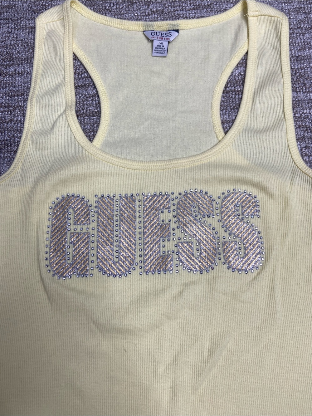 GUESS Y2K 2000s Yellow Rhinestone Logo Racerback Tank - Picture 3 of 7